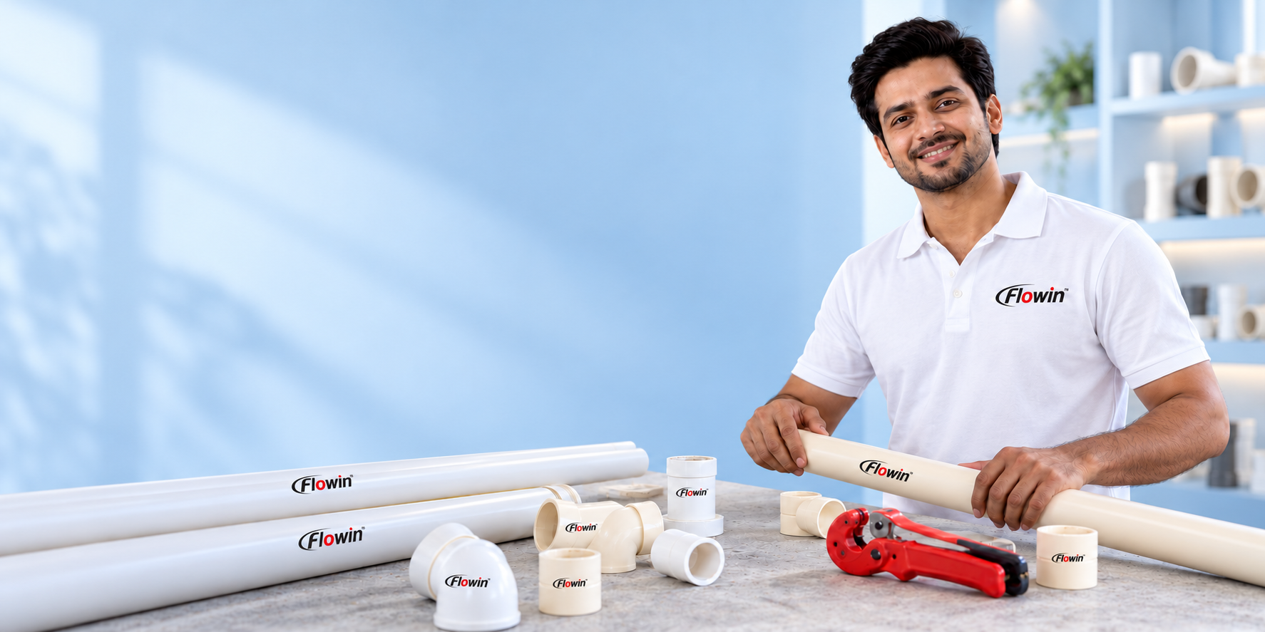 AI-generated model in a white Flowin polo with branded pipes and fittings in a light-blue showroom