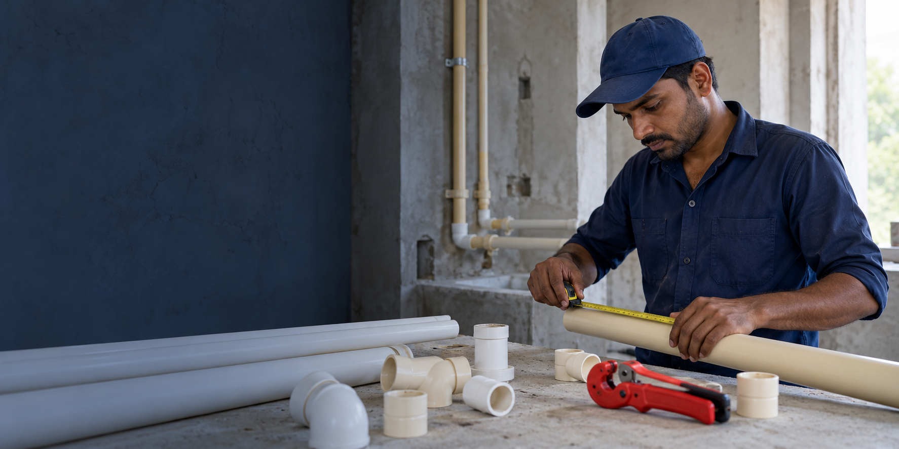 AI-generated plumber and plastic pipe application scene